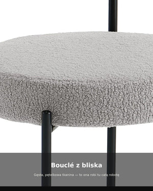 Tkanina bouclé z bliska — gęste, drobne pętelki na siedzisku krzesła 667