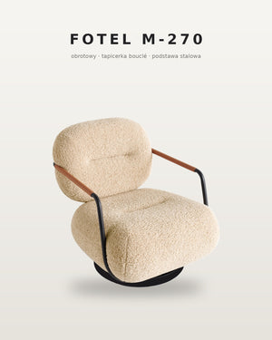 Fotel obrotowy bouclé M-270 w kolorze kremowym z podłokietnikami w kolorze koniaku
