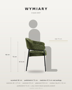 Wymiary krzesła SK07: wysokość 82 cm, podłokietnik 72 cm, siedzisko 47,5 cm nad podłogą