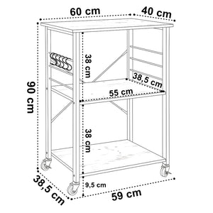 Rysunek wymiarowy: wysokość 90 cm, szerokość 60 cm, głębokość 40 cm, półka 55 × 38,5 cm, odstęp 38 cm, prześwit 9,5 cm