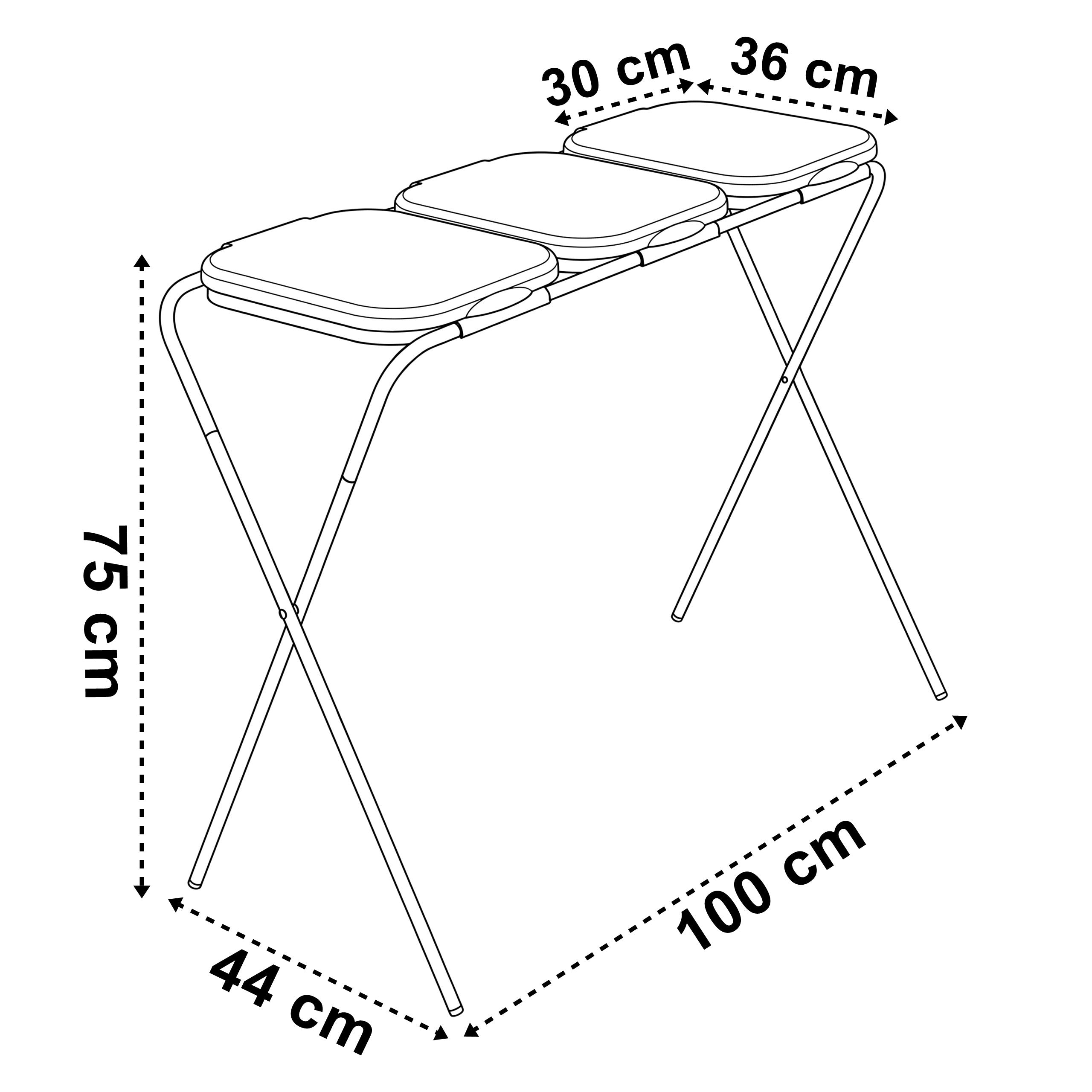 Rysunek wymiarowy wersji na 3 worki: szerokość 100 cm, głębokość 44 cm, wysokość 75 cm, pokrywa 30 × 36 cm