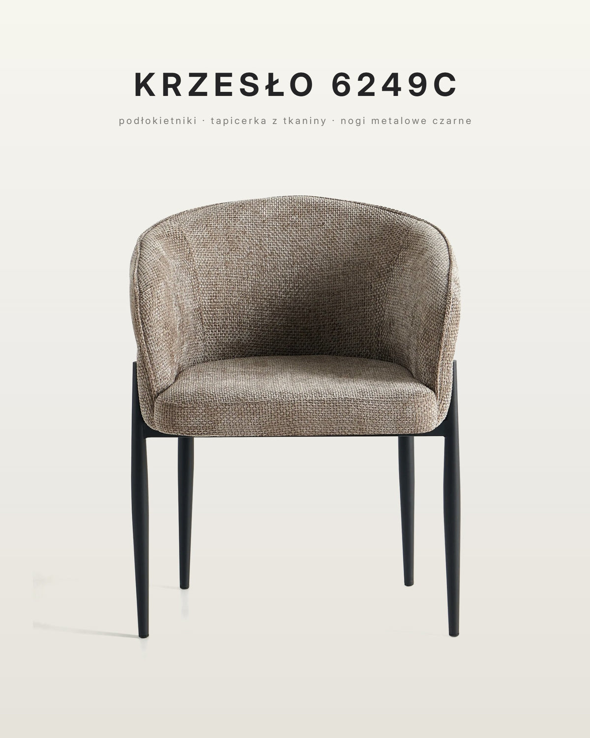 Krzesło do jadalni 6249C w kolorze beżowym, podłokietniki, czarne metalowe nogi