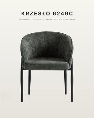 Krzesło do jadalni 6249C w kolorze ciemnoszarym, podłokietniki, czarne metalowe nogi