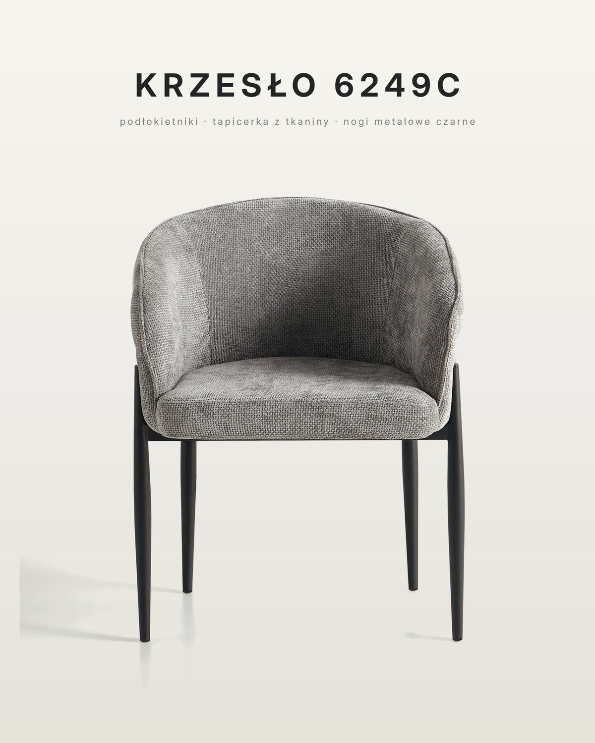 Krzesło do jadalni 6249C w kolorze jasnoszarym, podłokietniki, czarne metalowe nogi