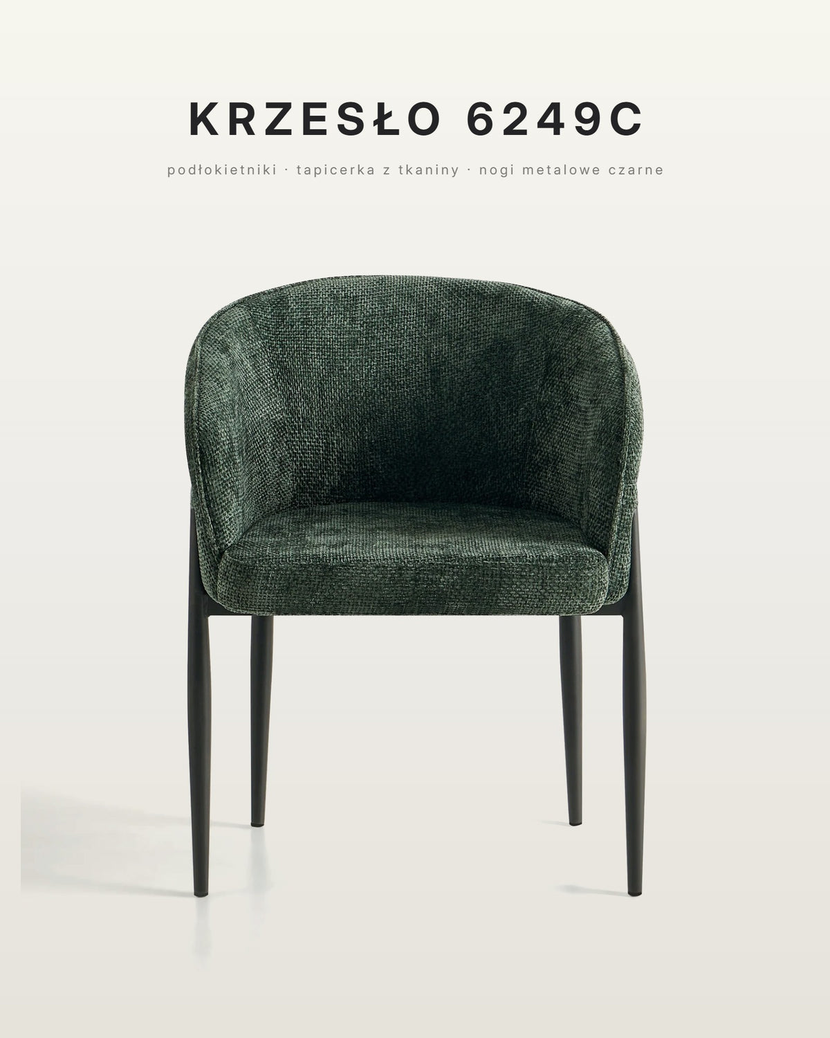 Krzesło do jadalni 6249C w kolorze zielonym, podłokietniki, czarne metalowe nogi