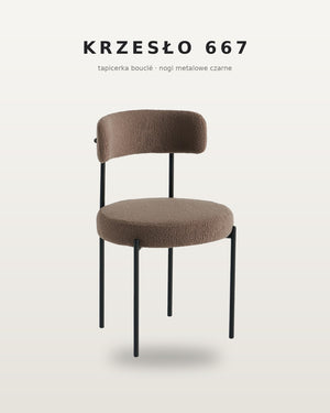 Krzesło bouclé 667 w kolorze brązowym na czarnych metalowych nogach