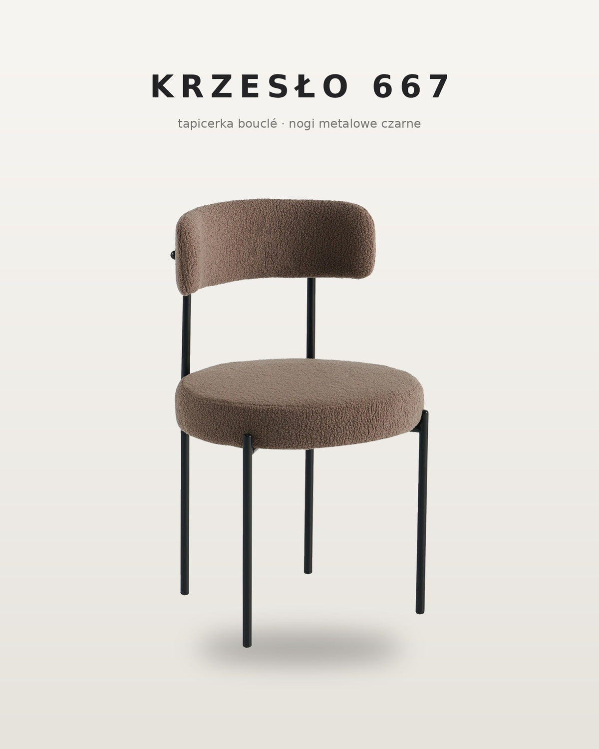 Krzesło bouclé 667 w kolorze brązowym na czarnych metalowych nogach
