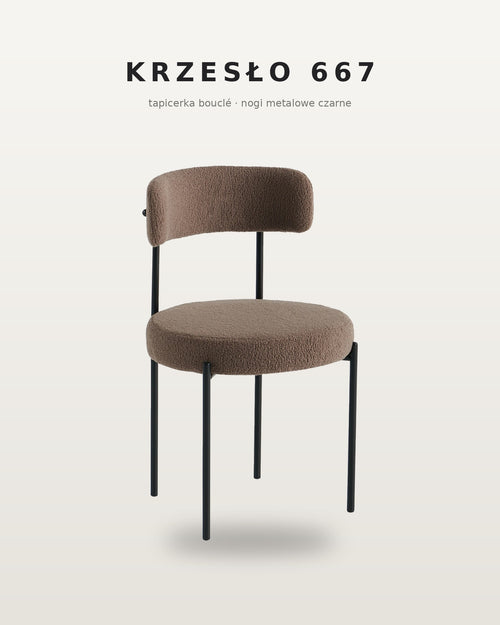 Krzesło bouclé 667 w kolorze brązowym na czarnych metalowych nogach