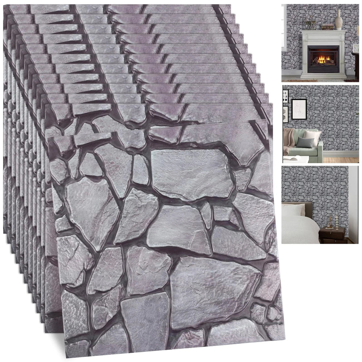 Panele ścienne kamień 3D ułożone w stos — widać tłoczony relief i wgłębione spoiny