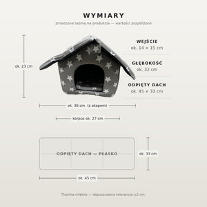 Rysunek wymiarowy domku — wysokość ok. 23 cm, szerokość z okapem ok. 36 cm, wejście ok. 14 × 15 cm