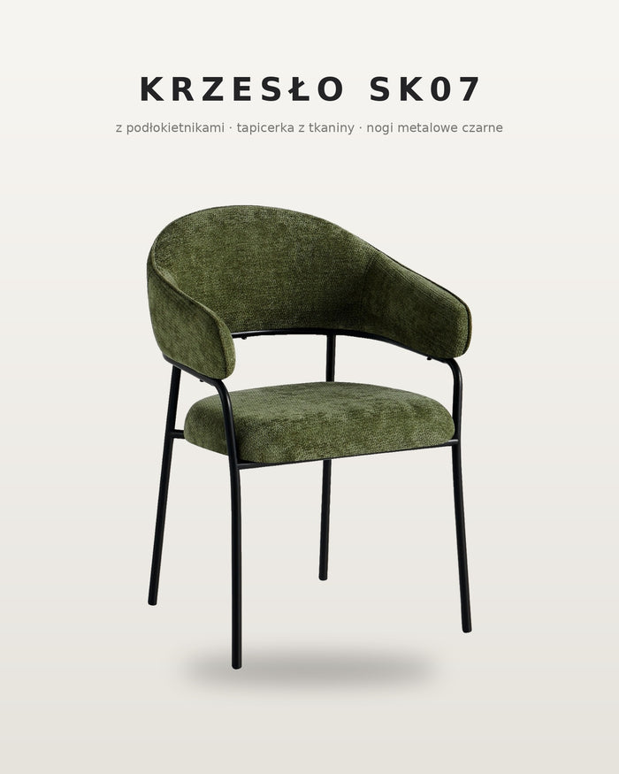 Krzesło z podłokietnikami do jadalni SK07 — czarne metalowe nogi